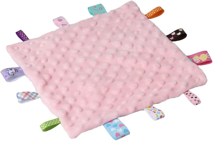 CREVENT Tag Security Blankets for Babies, Soft Small Loveys for Girls, Baby Comforter Sensory Blanket, Great Gifts for Birthday Baby Shower 10"X10" (Purple+Pink Tag, Crib)