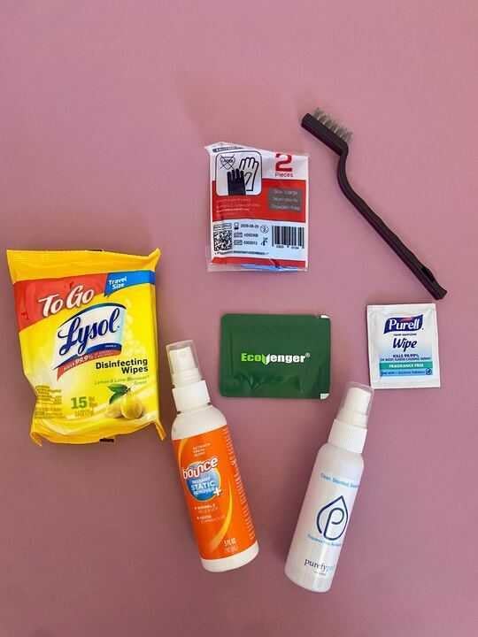 Travel Cleaning Supplies Kit - Travel Size Cleaning Supplies For Hotels, Bathrooms with Gloves, Surface Wipe, Fabric Cleaner, Air Cleaner, Hand Wipes, Bed Bug Wipes