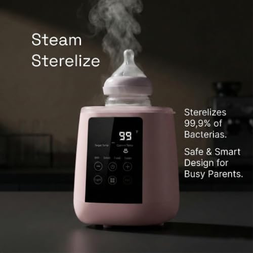 Baby Bottle Warmer, 3-in-1 Milk Warmer, Defrosts Frozen Breakmilk, LED Display, Night Light, Steam Sterilizer, Adjustable Temp, Portable, Perfect for Formula, Food Jars, Newborn (Pink)