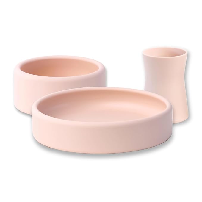 APLAINR Weighted Baby Plate & Bowl Set, Baby Led Weaning Supplies, Silicone Feeding Set, Set of 3, Pink Sand