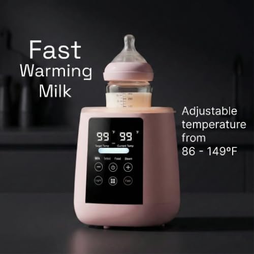 Baby Bottle Warmer, 3-in-1 Milk Warmer, Defrosts Frozen Breakmilk, LED Display, Night Light, Steam Sterilizer, Adjustable Temp, Portable, Perfect for Formula, Food Jars, Newborn (Pink)