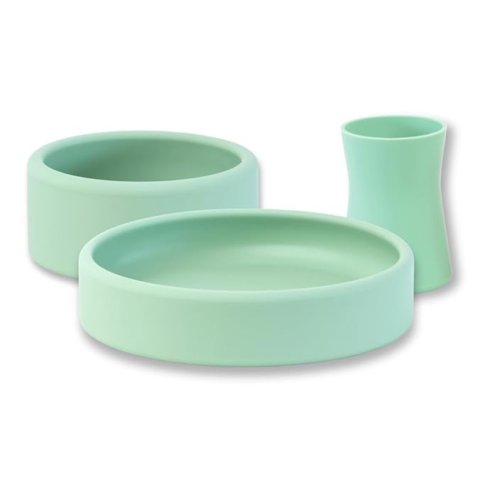 APLAINR Silicone Plate, Bowl & Cup Set for Babies and Toddlers, Weighted, Baby Feeding Set, Baby Led Weaning Supplies, Set of 3, Matcha Green