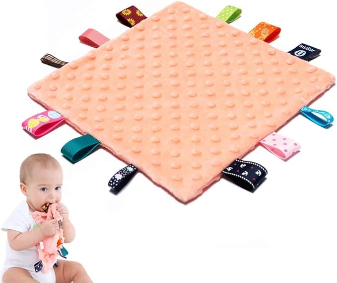 Baby Tags Security Blankets - Baby Soothing Plush Blanket with Colorful Tags, 10"x10" Square Sensory Toys, Lovey for Babies Boys and Girls (Orange)