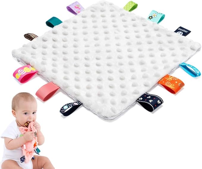 Baby Tags Security Blankets - Baby Soothing Plush Blanket with Colorful Tags, 10"x10" Square Sensory Toys, Lovey for 3 Months+ Babies Boys and Girls (Grey)