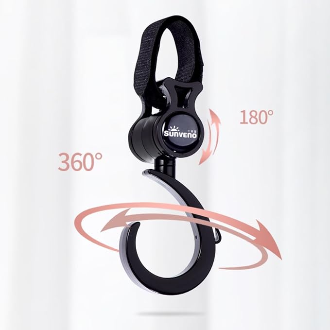 SUNVENO Stroller Hooks 2 Pack, 360° Rotating Universal Stroller Clips with Adjustable Straps, Heavy Duty Bag Holders for Diaper Bags, Purses, Groceries and Travel Use