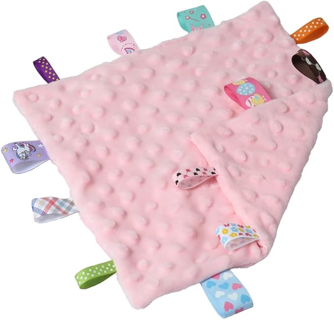 CREVENT Tag Security Blankets for Babies, Soft Small Loveys for Girls, Baby Comforter Sensory Blanket, Great Gifts for Birthday Baby Shower 10"X10" (Ivory + Pink + Grey + Blue + Orange + Purple)