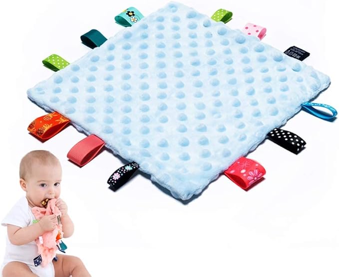 Baby Tags Security Blankets - Baby Soothing Plush Blanket with Colorful Tags, 10"x10" Square Sensory Toys, Lovey for 3 Months+ Babies Boys and Girls (Blue)