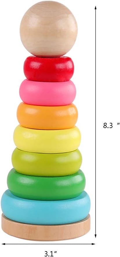 Stacking Rings Toy Wooden Rainbow Stacker Toddler Learning Toys for 18 Months 2 Year Old Baby Boys Girls Non-Toxic
