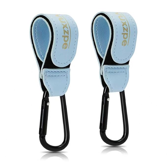2 Pack Stroller Hooks for Hanging Diaper Bags and Shopping Bags, Accessories for Stroller and Shopping Cart, Heavy Duty Durable Large Carabiner, Advanced Faux Leather, Baby Blue