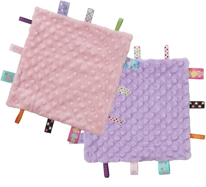 CREVENT Tag Security Blankets for Babies, Soft Small Taggie for Boys Girls, Baby Comforter Sensory Blanket, Great Gifts for Birthday Baby Shower 10"X10" (Pink+Purple+Grey+Ivory)