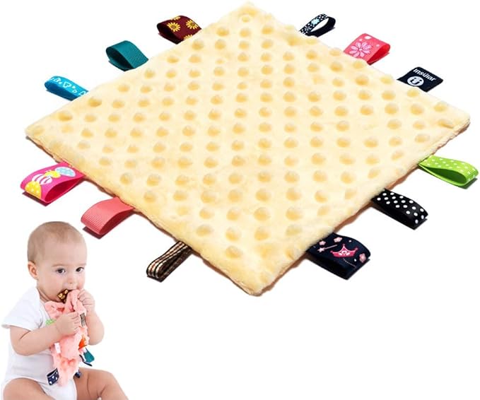 Baby Tags Security Blankets - Baby Soothing Plush Blanket with Colorful Tags, 10"x10" Square Sensory Toys, Lovey for 3 Months+ Babies Boys and Girls (Yellow)