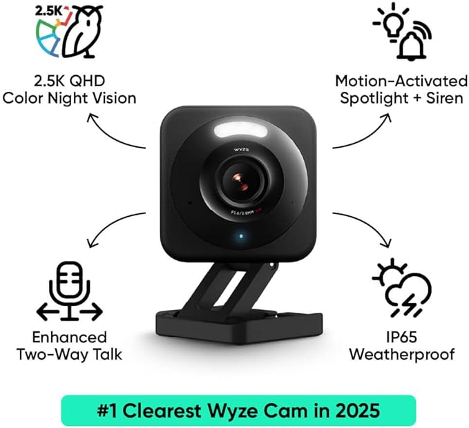 WYZE Cam v4 (Latest Model), 2.5K AI Security Camera, Indoor/Outdoor Cameras for Home Security, Baby Monitor & Pet Camera, Color Night Vision, No Subscription Required, Free Expert Help (2 Pack)