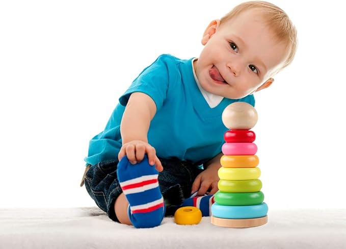 Stacking Rings Toy Wooden Rainbow Stacker Toddler Learning Toys for 18 Months 2 Year Old Baby Boys Girls Non-Toxic