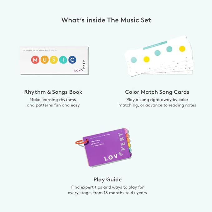 LOVEVERY | The Music Set | 6 Montessori Musical Instruments & Rhythm Book | Educational Toys for Toddlers & Preschoolers | Simple Songs and Play Guide | Ages 18 Months to 4+ Years
