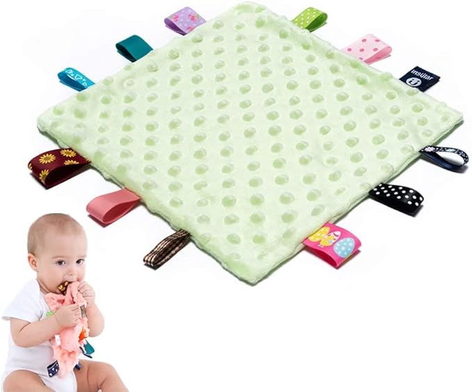 Baby Tags Security Blankets - Baby Soothing Plush Blanket with Colorful Tags, 10"x10" Square Sensory Toys, Lovey for 3 Months+ Babies Boys and Girls (Green)