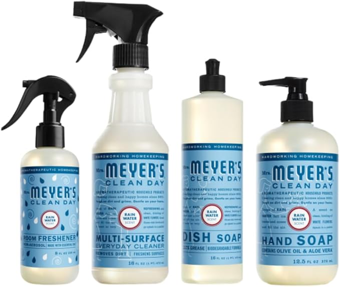 Mrs. MEYER'S CLEAN DAY Rainwater Scent Variety Pack, Liquid Hand Soap 12.5 Fl Oz, Multi-Surface Cleaner 16 Fl Oz, Room Freshener 8 Fl Oz, Dish Soap 16 Fl Oz, 1 CT