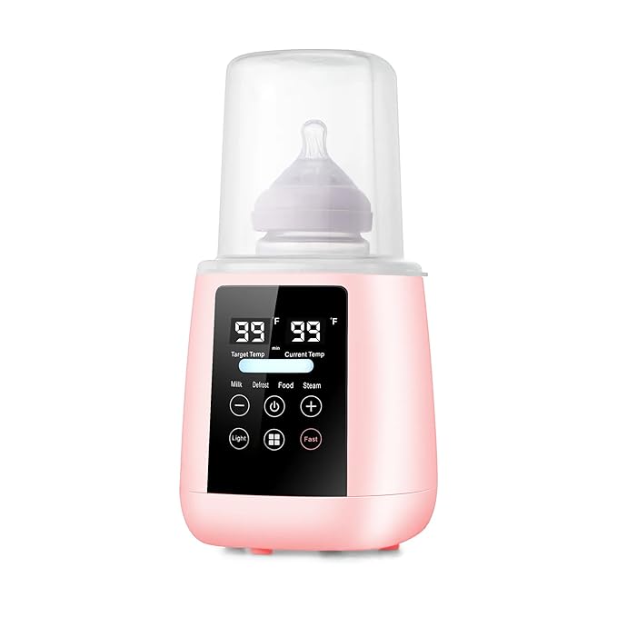 Baby Bottle Warmer, 3-in-1 Milk Warmer, Defrosts Frozen Breakmilk, LED Display, Night Light, Steam Sterilizer, Adjustable Temp, Portable, Perfect for Formula, Food Jars, Newborn (Pink)