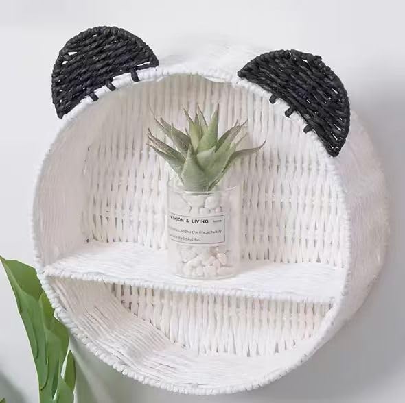White & Black Bear Wall Shelf, Handwoven Paper Rope Wall-Mounted Floating Display Shelf, Boho Nursery & Kids Room Organizer for Small Books, Toys & Decor
