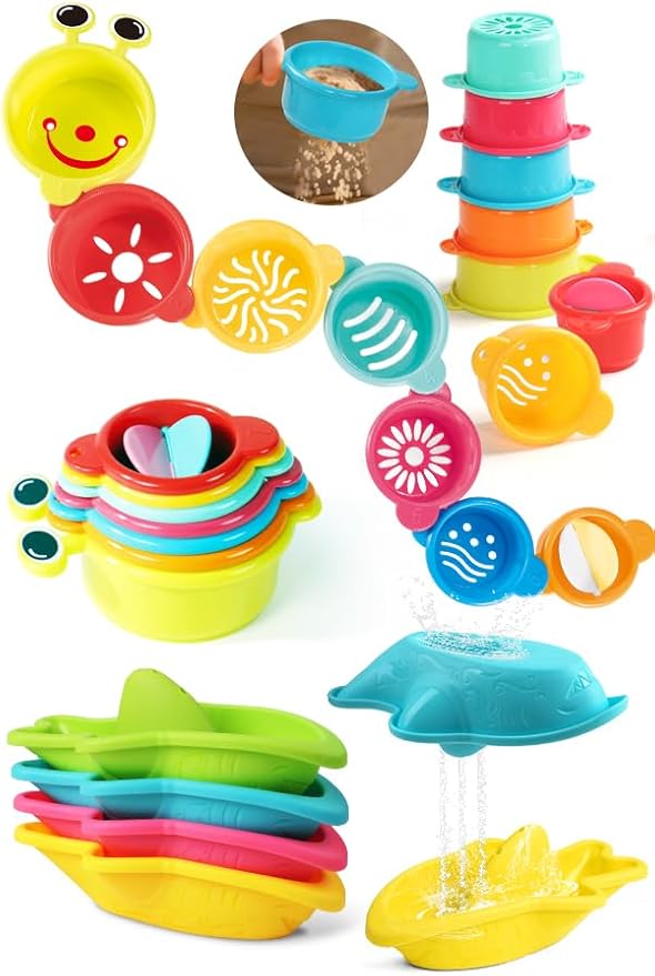 Baby Bath Toys for Kids Ages 1-3 Toddler Bath Toys Mold Free Bathtub Toys for 12+ Months Pool Water Table Beach Sand Toys Stacking Cups Floating Boats for 1+ Years Old Girls Boys Gifts 11 PCS