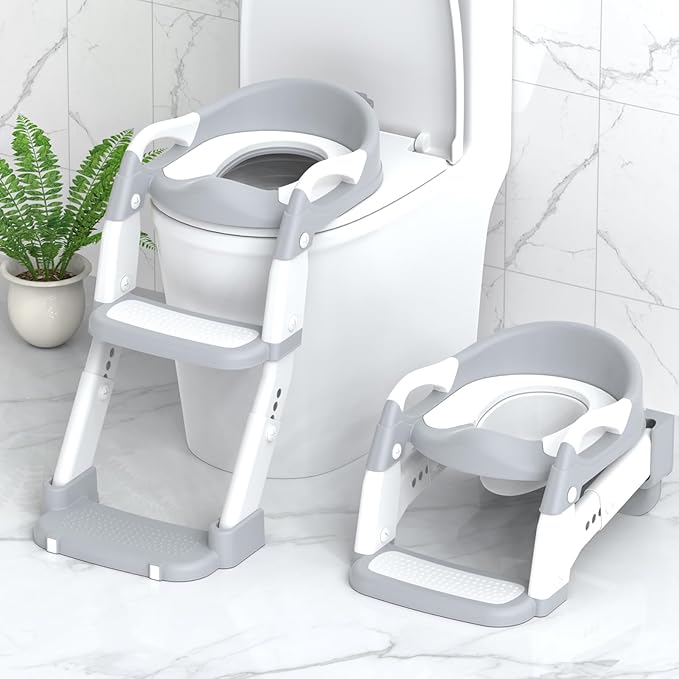 Potty Training Seat, Toddler Potty Training Toilet with Step Stool Ladder for Kids Boys Girls, 3 in 1 Foldable Toilet Seat Potty Chair with Urinals, Splash Guard, Handles, Anti-Slip Pad,Grey