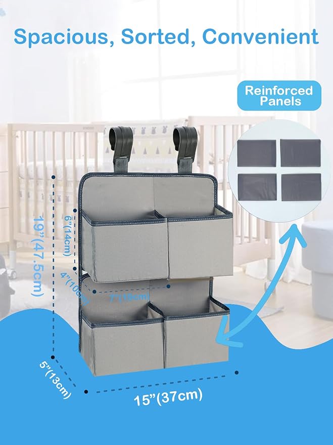 Hanging Diaper Organizer for Crib/Playpen/Bassinet – Hold 80+ Diapers - 4 Deep Pockets-H19in x L15 in Changing Table Diaper Holder - Hanging Diaper Stacker Nursery Caddy Organizer - Grey