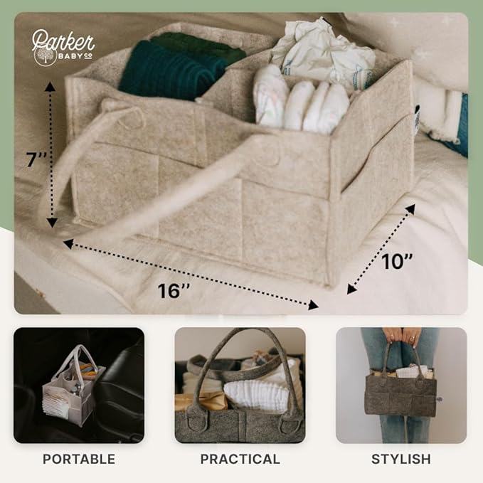 Parker Baby Co. Diaper Caddy - Nursery Storage Bin and Car Organizer for Diapers and Baby Wipes - Gray, Large