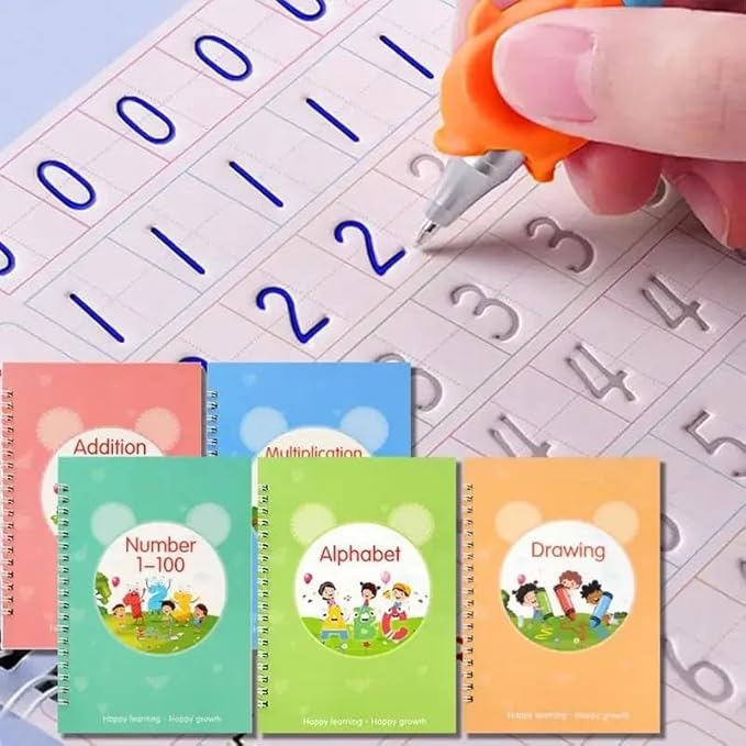 AALGO Magic Grooved Practice Copybook 5 Pack with Pens, Reusable Grooved Handwriting Workbooks,Learn to Write Letters Numbers,Math,Tracing for Kids Ages 3-8