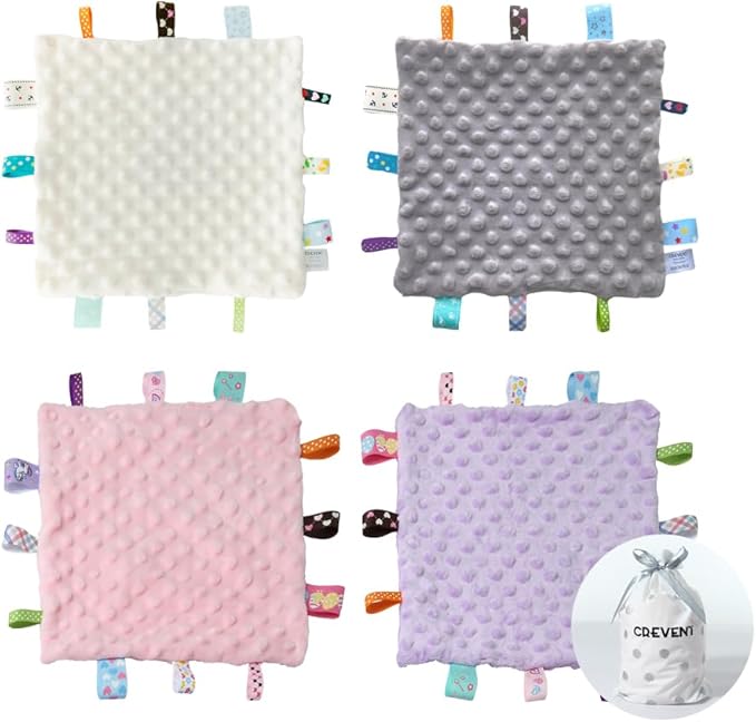 CREVENT Tag Security Blankets for Babies, Soft Small Taggie for Boys Girls, Baby Comforter Sensory Blanket, Great Gifts for Birthday Baby Shower 10"X10" (Pink+Purple+Grey+Ivory)