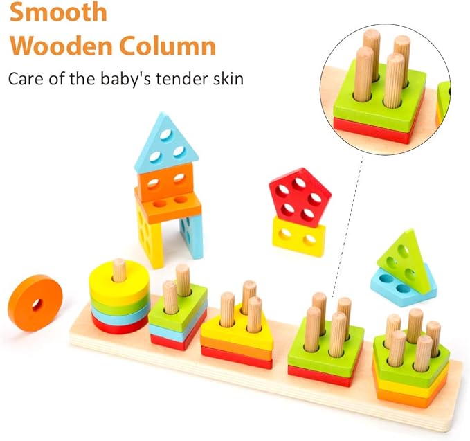 Wood City Wooden Montessori Toys for 1 2 3 Year Old Boys Girls Toddlers, Sorting & Stacking Toys for Toddlers and Kids Preschool, Educational Color Recognition Shape Sorter, Learning Puzzles Gift