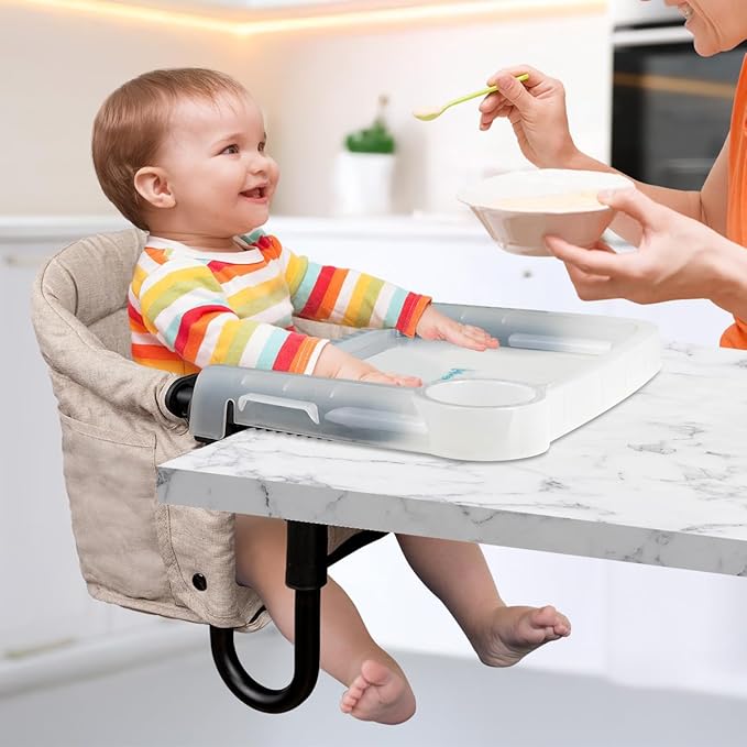 Hook On Chair with Removable Dining Tray,Portable Hook-On Chairs with Storage Bag, for Home and Travel(Khaki)