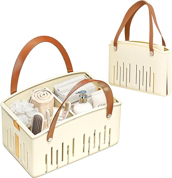 Portable Shower Caddy,Foldable Shower Caddy with Handle and Adjustable Divider,Plastic Shower Storage Basket,Quick Dry Bathroom Shower Organizer Bin for College,Dorm Room,Travel Essentials(Cream)