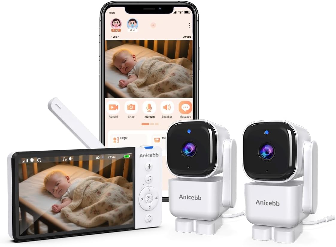 2-Camera Smart Baby Monitor with App and 5" Display, Dual Connectivity (No WiFi FHSS & WiFi), 1080P HD Remote Pan-Tilt-Zoom with Motion Tracking, 36H Battery, White Noise, Cry & Temp Alerts