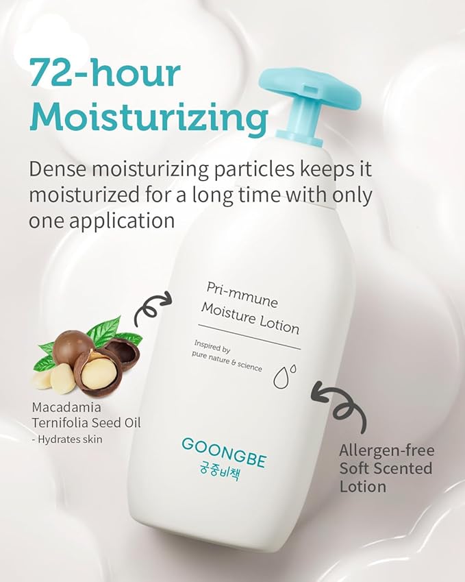 GOONGBE Pri-mmune Moisture Lotion - Korean Baby Body Moisturizer - Hypoallergenic Moisturizing & Calming Daily Skincare for Dry Skin - Fast Absorbing, Non-Greasy Lotion, 11.8 oz. 2 Pack