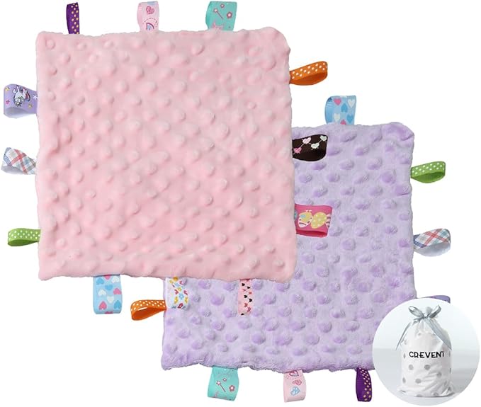 CREVENT Tag Security Blankets for Babies, Soft Small Loveys for Girls, Baby Comforter Sensory Blanket, Great Gifts for Birthday Baby Shower 10"X10" (Purple+Pink Tag, Crib)