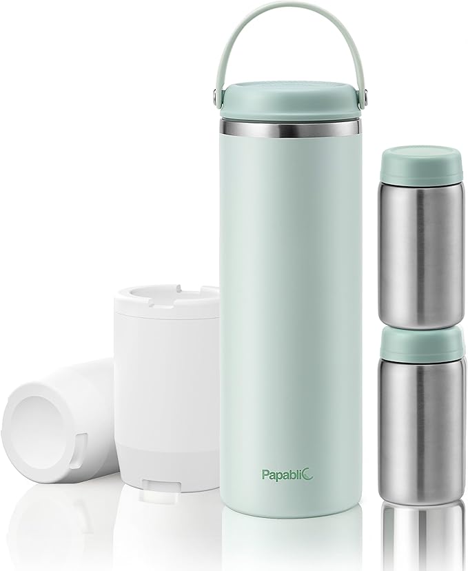 Papablic Innovative 360° CapsuleChill Breastmilk Cooler for 36H Safe Storage, 20oz Stress-Free Portable Breast Milk Chiller with 2pcs Stainless Steel Baby Bottles for Work & Travel, Mint Green