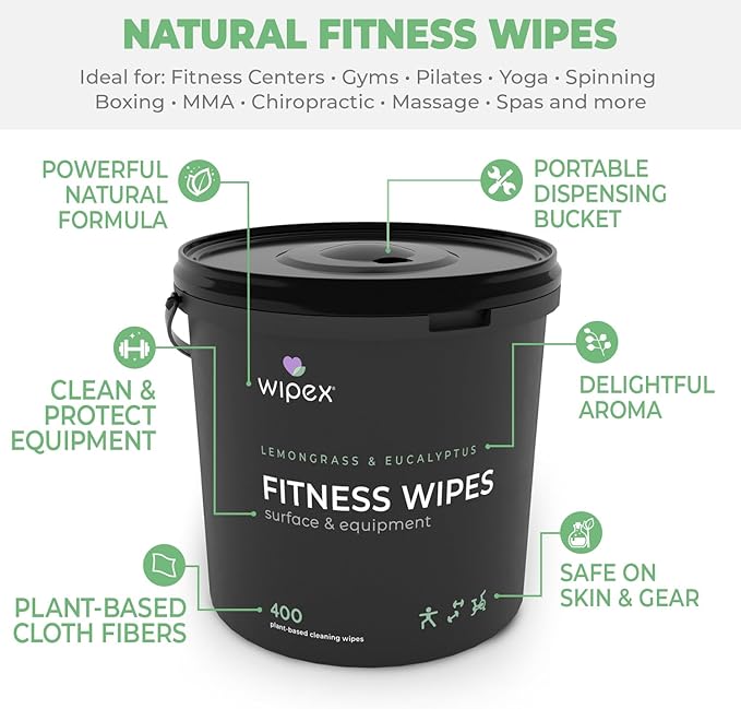 Wipex Fitness Wipes for Equipment Bundle - EWG Verified - Get 2 Buckets (1) Lemongrass & (1) Lavender Plant-Based Gym Equipment Wipes, Clean Surfaces & Mats, Safe Gym & Peloton Bike Cleaner