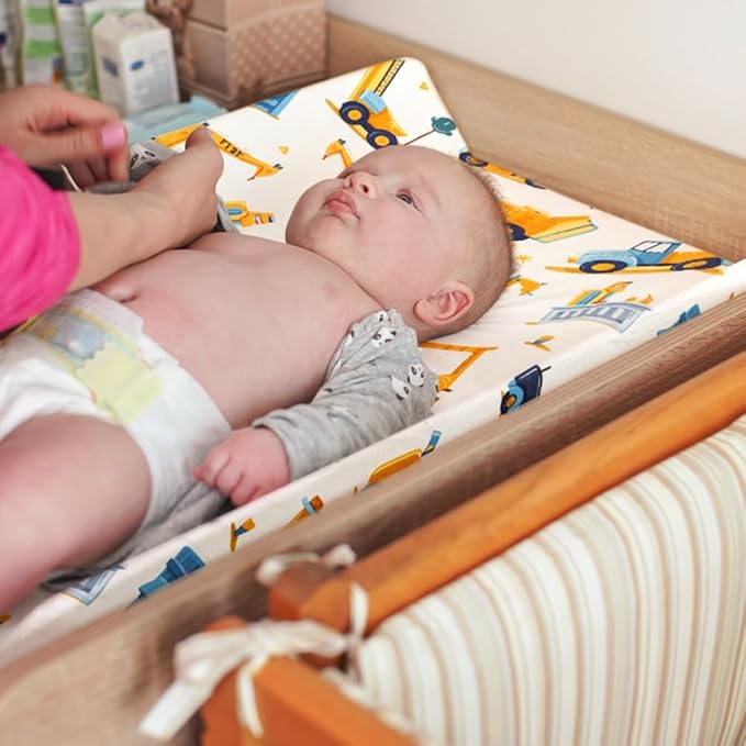 4 Pack Baby Boy Changing Pad Covers Sheets Set Soft Fitted Baby Boy Mattress Covers Construction Truck or Dinosaur Theme Breathable Toddler Sheets for Infant (Construction Truck, Changing Pad Covers)