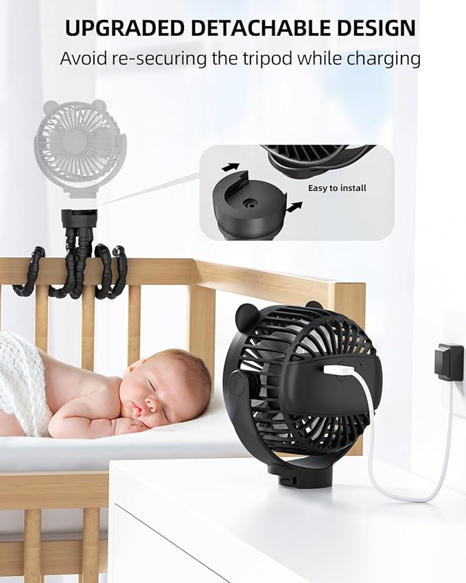 Portable Stroller Mini Fan, Small Rechargeable Personal Cooler w/ 360° Rotation, Baby Essentials for Car Seat, Crib, Bike, Treadmill, 3-Speed Battery Powered Stroller Accessories, Coal