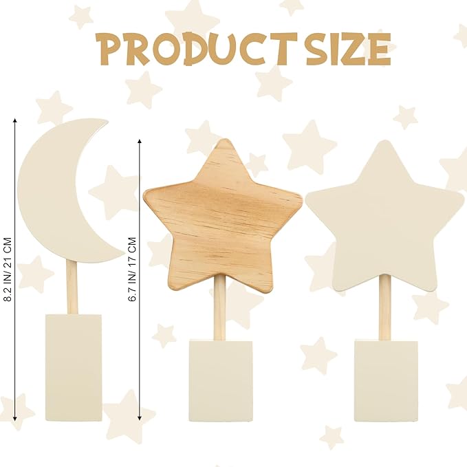 Barydat 3 Pcs Boho Nursery Shelf Decor Wooden Moon and Star Nursery Decor Set Cute Bohemian Children Kids Decoration for Boys Girls Farmhouse Bedroom Kindergarten Classroom Playroom Bookshelf