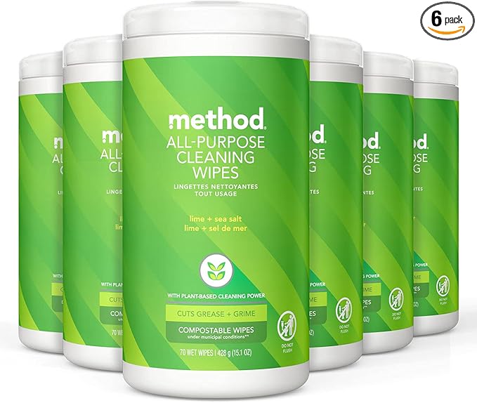Method All-Purpose Cleaning Wipes, Lime + Sea Salt, Multi-Surface, Compostable, 70 Count (Pack of 6)