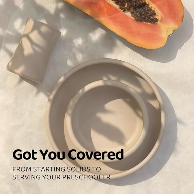 APLAINR Weighted Baby Plate & Bowl Set, Baby Led Weaning Supplies, Silicone Feeding Set, Set of 3, Pink Sand