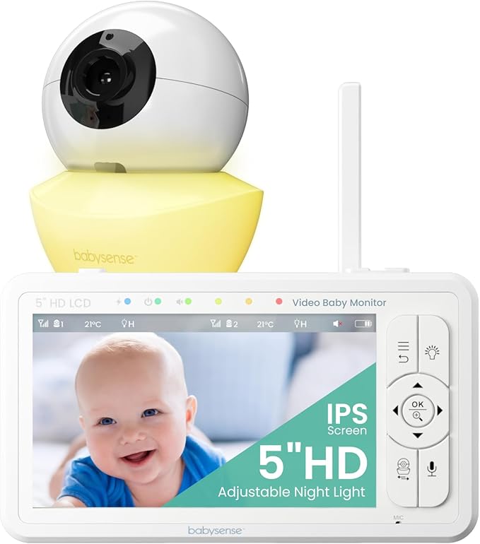 Babysense HD 5" Video Baby Monitor with Camera and Audio, No WiFi/App, Secure Closed-Loop, Night Vision, Pan-Tilt-Zoom, VOX Audio Alerts, White Noise & Lullabies, Up to 1000 ft Range, 20-Hour Battery