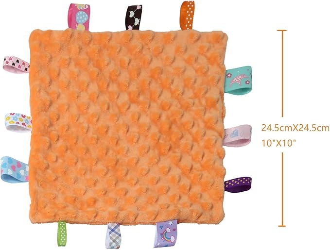 CREVENT Tag Security Blankets for Babies, Soft Small Loveys for Boys, Baby Comforter Sensory Blanket, Great Gifts for Birthday Baby Shower (10"X10" Dino + Orange)