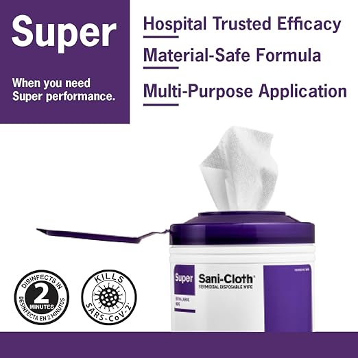 Super Sani-Cloth Germicidal Disposable Wipe, Hospital Grade Disinfection, 160 Large 6" x 6.75" Wipes Each, Case of 12 Canisters