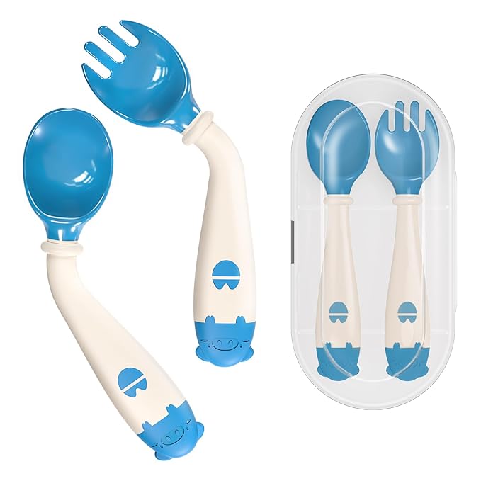 Deejoy Toddler Utensils, Self-feeding Flatware Set withTravel Case, Baby Spoons and Forks with Silicone Bendable Handle, Easy Grip Heat-Resistant, Ideal for Kids, Stage 2, Blue
