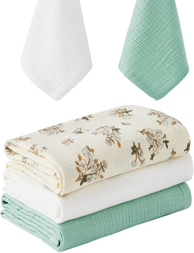 5 Pack Muslin Swaddle Blankets & Baby Burp Cloths, Soft & Breathable Cotton Baby Blankets, Receiving Blankets for Newborn, Nursery Infant Essentials, Swaddling Wrap for Unisex (Sage Green & White)