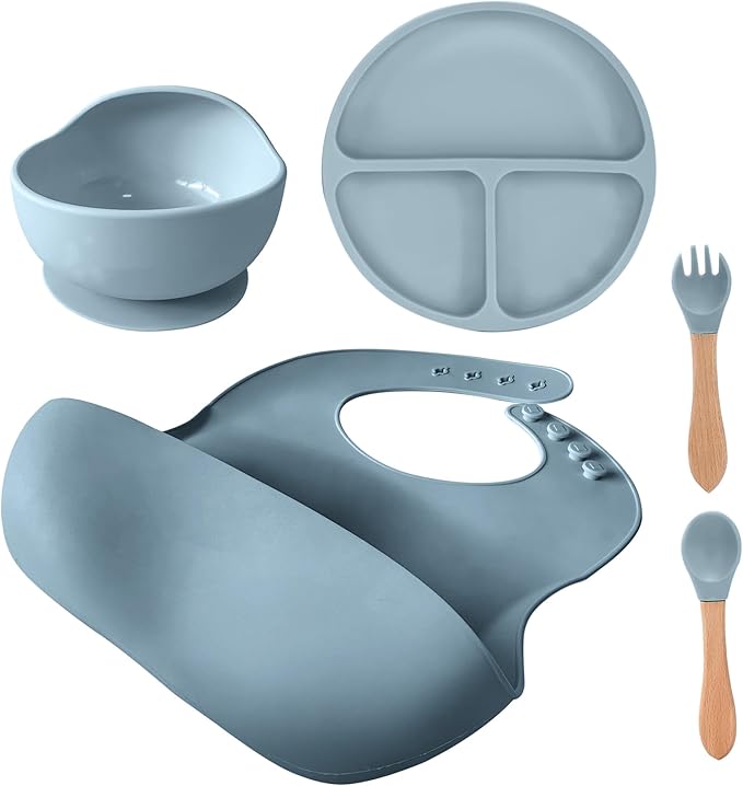 5-Piece Silicone Baby Feeding Set – Suction Bowl, Divided Plate, Adjustable Bib, Spoon & Fork – 100% Food-Grade Silicone, BPA Free, Non-Toxic, Dishwasher & Microwave Safe