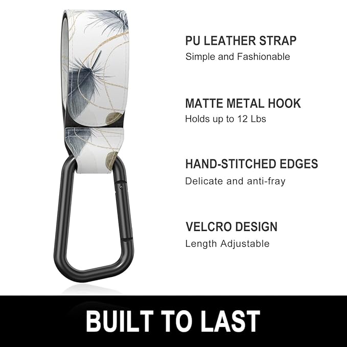 Baby Stroller Hooks for Hanging Bags, Universal Stroller Clips Accessories, Mommy Hook for Diaper Bag, Shopping Cart, Purse, Backpack - 2 Pack, Minimalist Feather