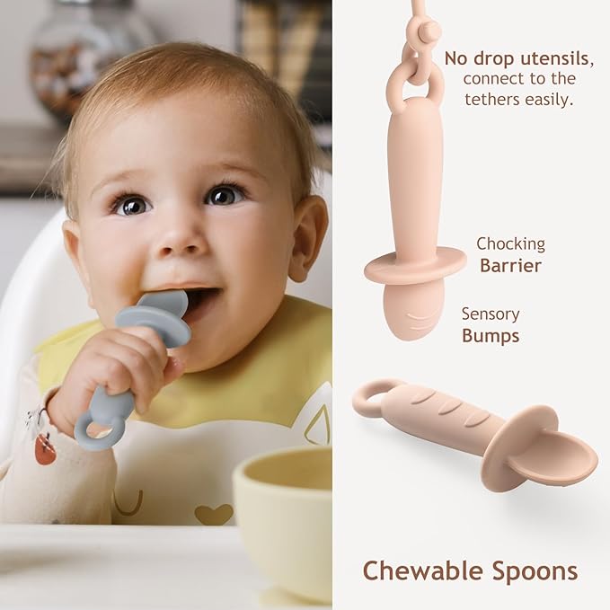 Andy Bear Silicone Plates for Babies with Suction Divided Baby Spoons Silicone Baby Toy Straps All-in-one Plates Silicone Placemat for Babies Toddlers Attachable Tethers & Built-in Suction Cups-Ivory