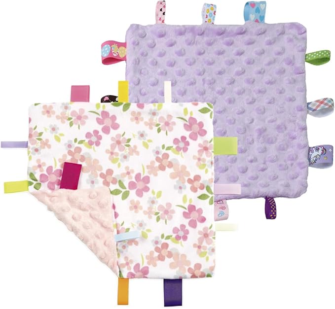 CREVENT Tag Security Blankets for Babies, Soft Small Loveys for Girls, Baby Comforter Sensory Blanket, Great Gifts for Birthday Baby Shower 10"X10" (Wildflow+Purple)